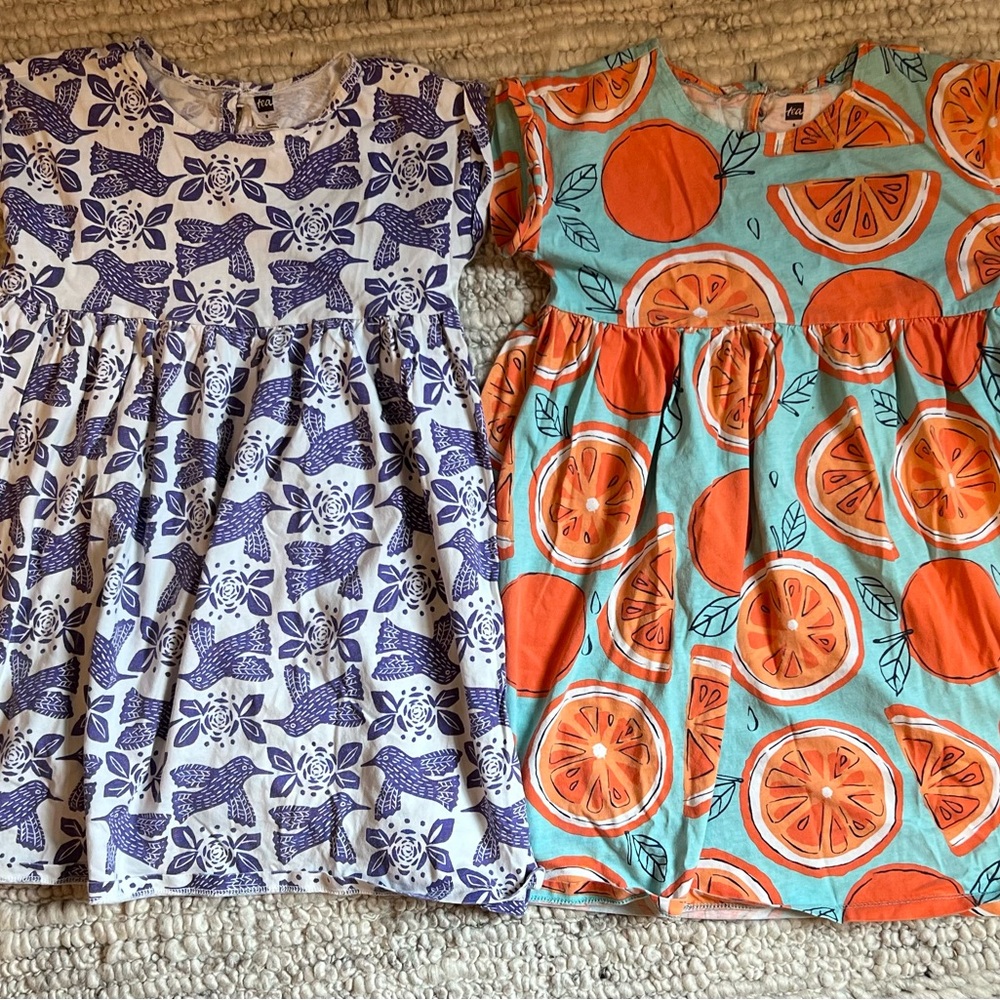 Tea Collection cap-sleeve summer dresses (purple birds and oranges), size 8